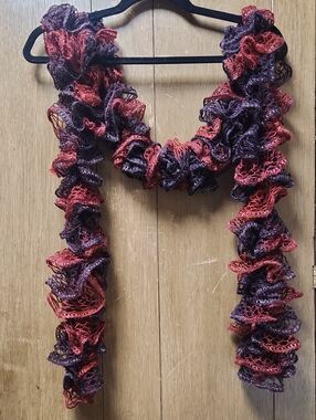 Ruffled Knit Scarf in Burgundy and Plum. About 75in